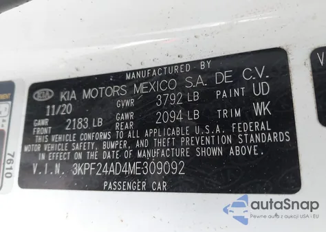 2021 Kia Forte Lxs из США, поврежденный, VIN 3KPF24AD4ME309092